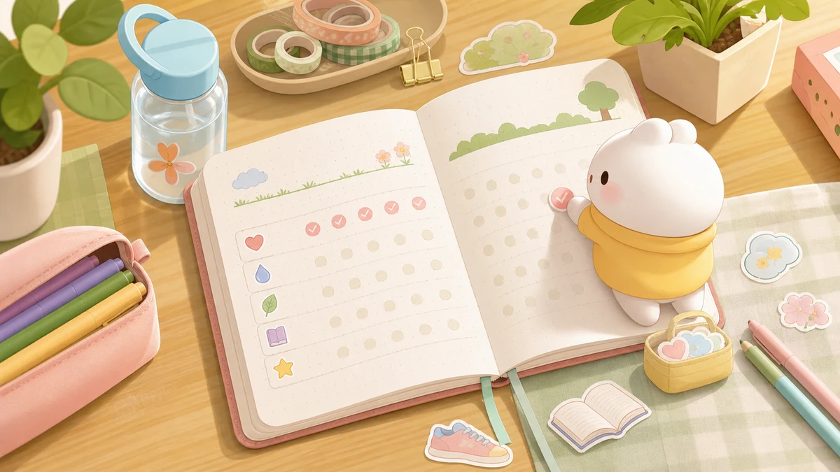 Minh họa bullet journal habit tracker theo phong cách curation Mongle Haru
