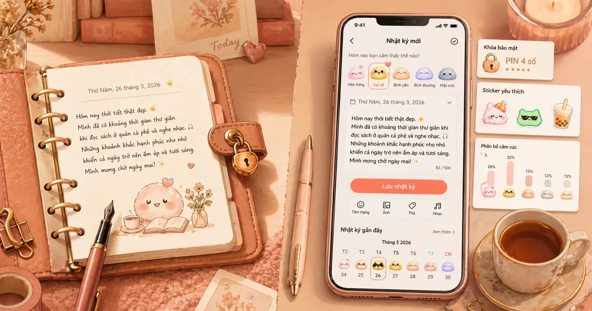 Sổ nhật ký giấy và màn hình app có mood, lịch, sticker cho trang dakku đơn giản