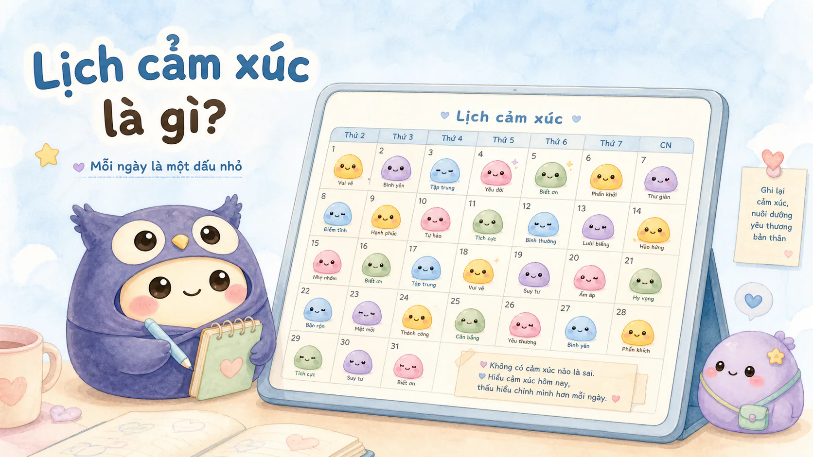 Màn hình lịch cảm xúc theo tháng với sticker tâm trạng trên từng ngày