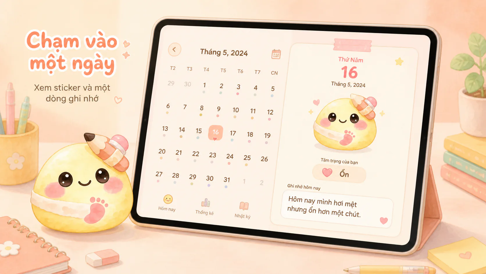 Một ngày trên lịch cảm xúc có sticker và ghi chú ngắn
