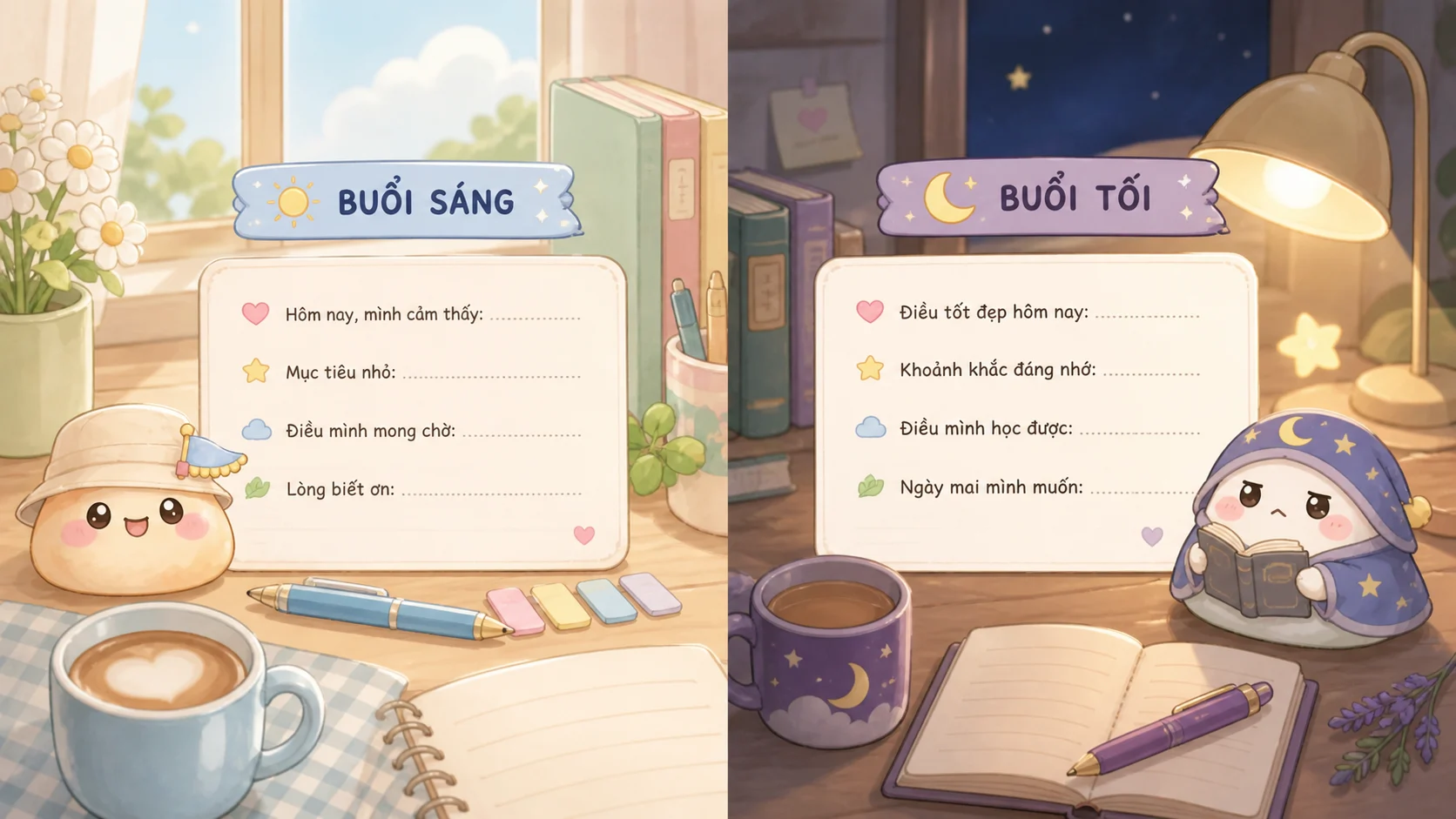 Mẫu nhật ký buổi sáng và buổi tối để thay bằng chuyện hằng ngày