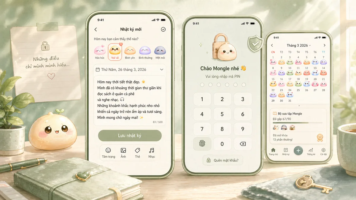 Nhật ký có khóa với không gian viết riêng tư và sticker cảm xúc