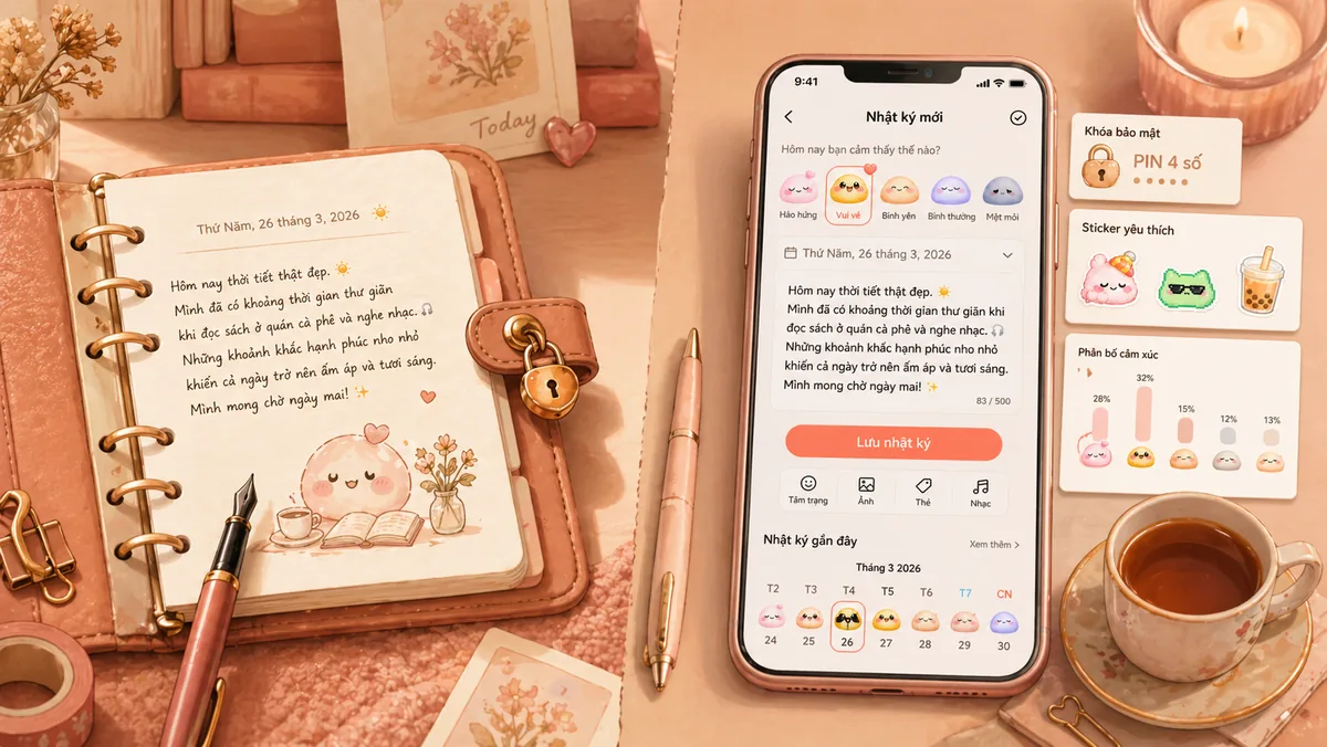 Sổ giấy và app nhật ký đặt cạnh nhau cho sinh viên chọn cách ghi