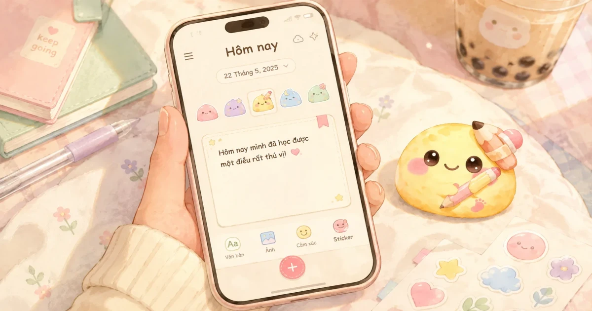 Giao diện nhật ký Gen Z riêng tư với sticker và một dòng ngắn trên điện thoại