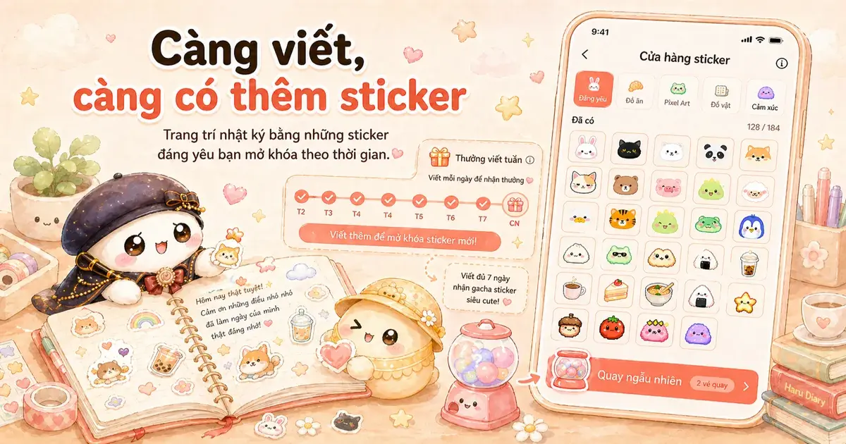 Trang trí nhật ký bằng sticker với bố cục gọn và vùng viết rõ